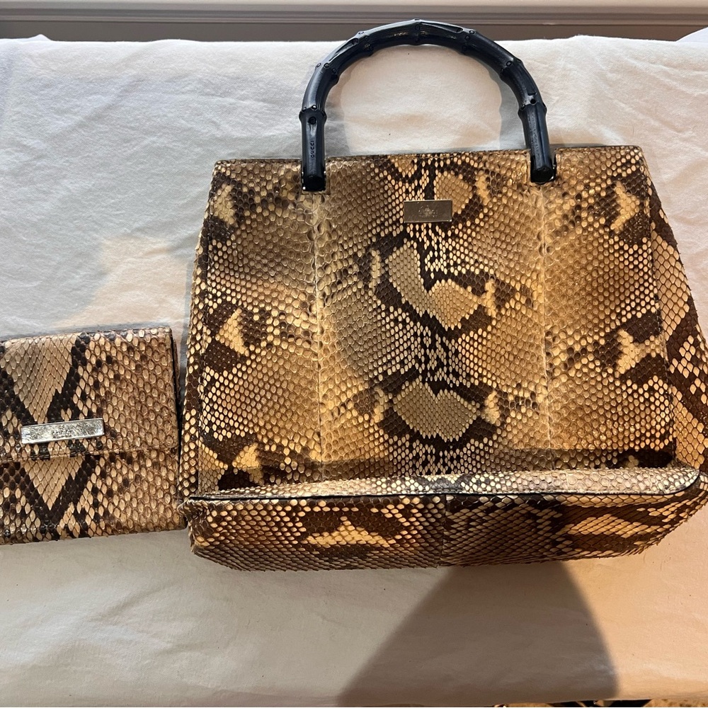 Vintage Gucci Snakeskin Bag with Black Handles and Matching Wallet